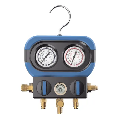 Manómetro análogo | 2 Válvulas para Refrigeración | Compatible con R22,R32,R410A, R404A, R407C | Rango de Vacío -30 inHg | Presión Máxima 500 psi