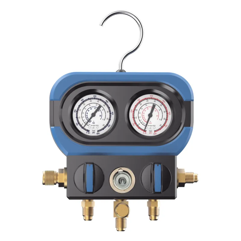 Manómetro análogo | 2 Válvulas para Refrigeración | Compatible con R22,R32,R410A, R404A, R407C | Rango de Vacío -30 inHg | Presión Máxima 500 psi