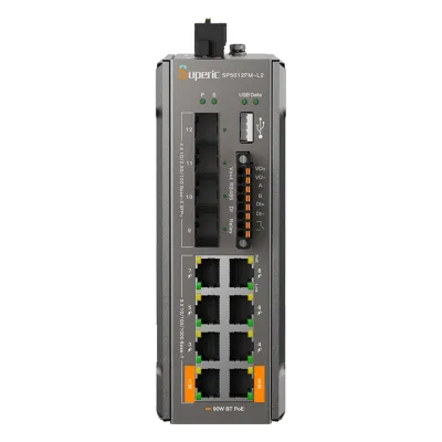 Switch de Red SP5012FM-L2 (V2) / 8 Puertos 10/100/1000Mbps PoE / 4 Puertos SFP 1000M/2.5G/10Gbps / Capacidad de Conmutación 96Gbps / Presupuesto PoE 240W / Alimentación Dual DC / Instalación DIN-rail, Pared o Escritorio / Certificaciones CE, FCC, RoHS,