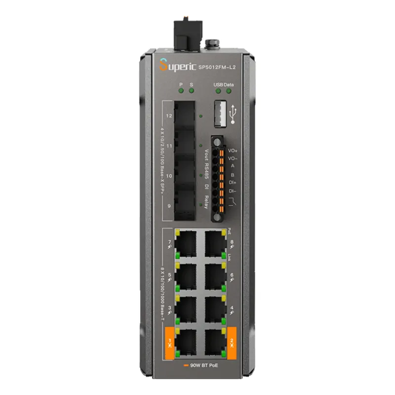 Switch de Red SP5012FM-L2 (V2) / 8 Puertos 10/100/1000Mbps PoE / 4 Puertos SFP 1000M/2.5G/10Gbps / Capacidad de Conmutación 96Gbps / Presupuesto PoE 240W / Alimentación Dual DC / Instalación DIN-rail, Pared o Escritorio / Certificaciones CE, FCC, RoHS,