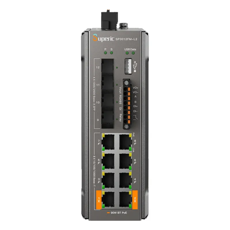 Switch de Red SP3012FM-L2(V3) / 8 Puertos 10/100/1000Mbps PoE / 4 Puertos SFP 1000M/2.5Gbps / Capacidad de Conmutación 36Gbps / Presupuesto PoE 240W / Alimentación Dual DC / Instalación DIN-rail, Pared o Escritorio / Certificaciones CE, FCC, RoHS, UKCA