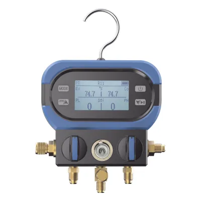 Manómetro Digital | 2 Válvulas | Sensor Digital Alta Precisión | Pantalla LCD Retroiluminada | Rango -14 a 800 psi (55 bar) | Compatibilidad Múltiples Refrigerantes | Diseño Anti-Caídas | Incluye 3 Mangueras y Ada