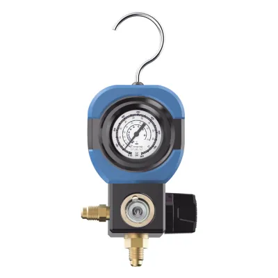 Manifold de Refrigeración AM1V 1 Válvula / Escala Compatible R22 R32/R410A R404A R407C / Interfaz 1/4" SAE / Diámetro 90 mm / Rango de Presión -30 inHg - 500 psi / Diseño Integrado Resistente a Impactos
