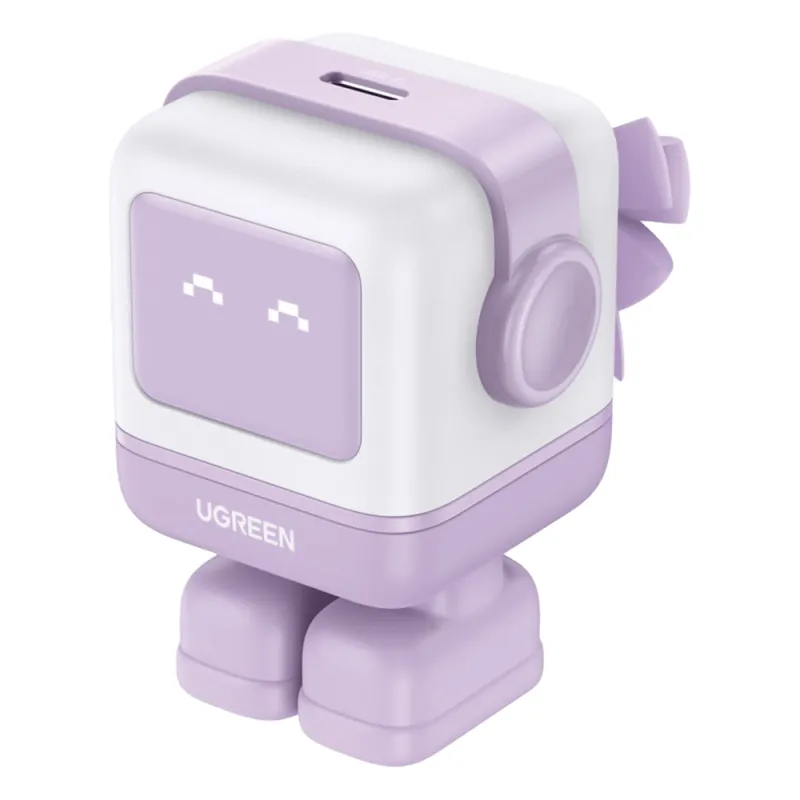 Cargador Mini GaNRobot 30W serie UNO | 1 USB-C de Carga Rápida | Tecnología GaN II | Multiprotocolo PD/QC/SCP/FCA | Carga Inteligente | Pantalla LED | Zapato Magnético Extraíble | Thermal Guard | Color Lila.