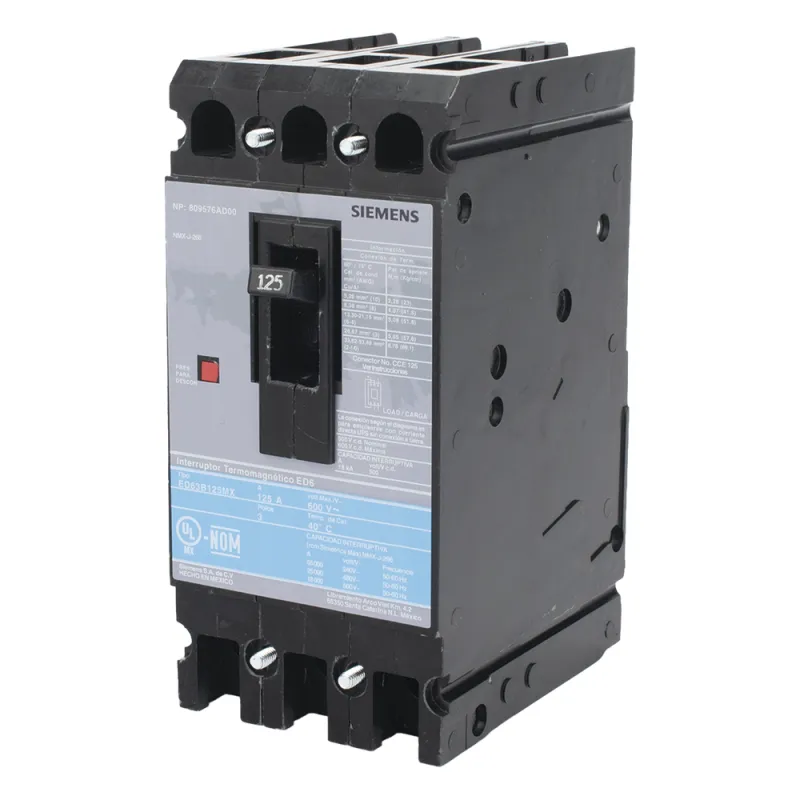 Interruptor Termomagnético ED6 600V 3X125A, Con zapatas principales.