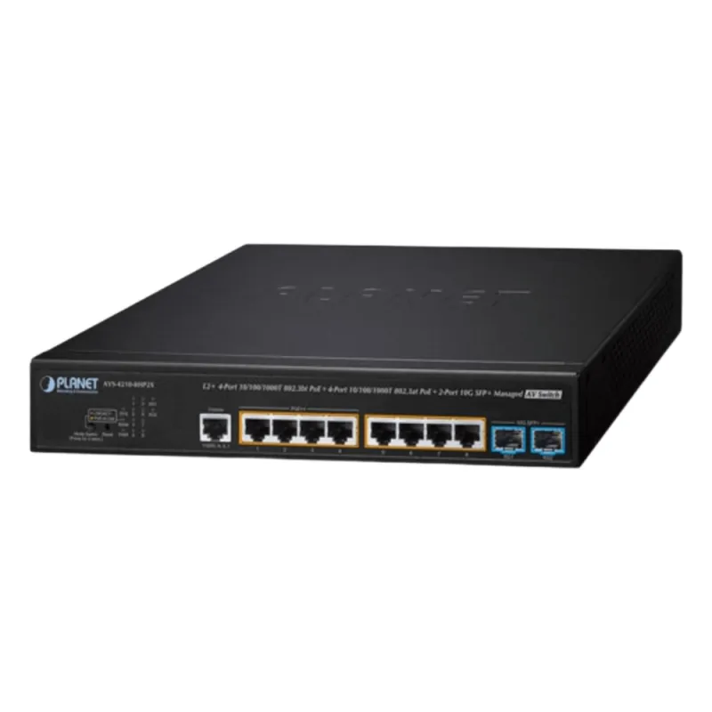 Switch AV Administrable Capa 2/ Compatible con Dante / 4 Puertos Gigabit PoE++ 802.3bt 95W + 4 Puertos Gigabit PoE+ 802.3at 32W + 2 Puertos 10G SFP+ / Presupuesto PoE 240W / Dual UI Pro AV y Standard / Compatibilidad Dante y NDI / Fanless / VLAN Routing I