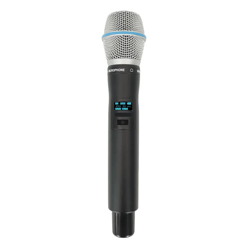 Micrófono Mano Inalámbrico EP-59H | Rango Frecuencia 470-510MHz, 540-590MHz, 640-690MHz, 807-830MHz | Potencia Salida ≥10dBm | Autonomía >10 Horas | Mute Automático por Caída | Display OLED | 7 Niveles Potencia Aju