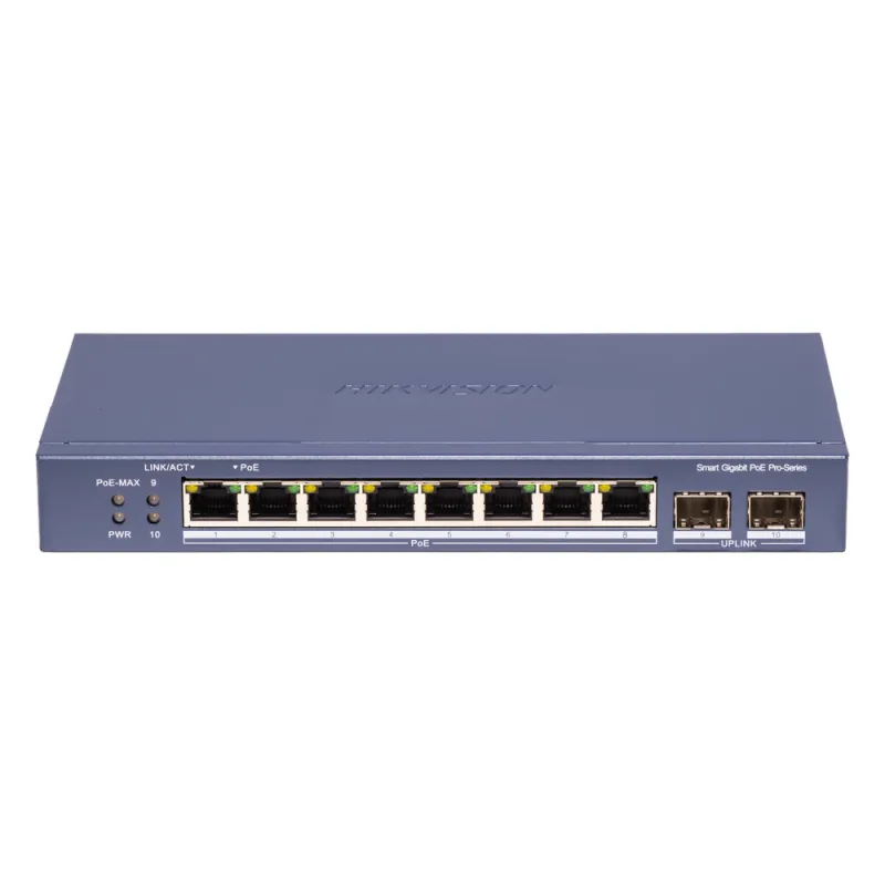 Switch PoE+ / Administrable / 8 Puertos 1000 Mbps PoE+/ 2 Puertos SFP / Configuración Nube desde Hik-PartnerPro / Modo Extendido hasta 300 Metros / 110 W