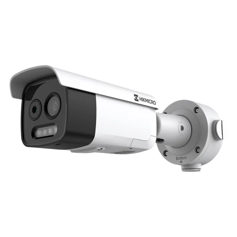 (HIKMICRO) Bala IP Bi-Espectral / Térmica (256 X 192 / 9.7 mm) + Óptica (5 MP / 12.4 mm) / IA GUANLAN / Rango: -20°C a 150°C / 8°C Margen / Detección de Fuego y Humo / Alarma Visual y Audible / Dual Light / PoE / IP67 / IK