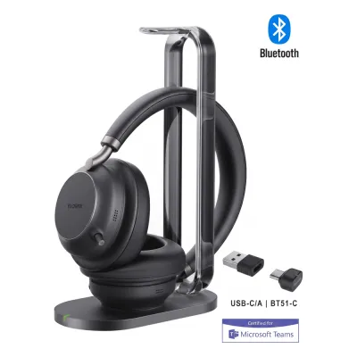 Auriculares Yealink BH76 Plus Stereo MS edition con base de carga/Bluetooth 5.3 con adaptador USB-C y USB-A/Cancelación activa de ruido/De diadema y supraaurales