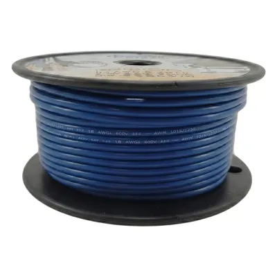 Cable Eléctrico Color Azul Calibre 14 / UL 1015-1230 / 600 Voltios / Temperatura 105°C Seco 75°C Húmedo / Cobre Estañado Clase K / Aislante PVC Retardante de Llama VW-1 / Resistente a Humedad Abrasión Ácido Combu