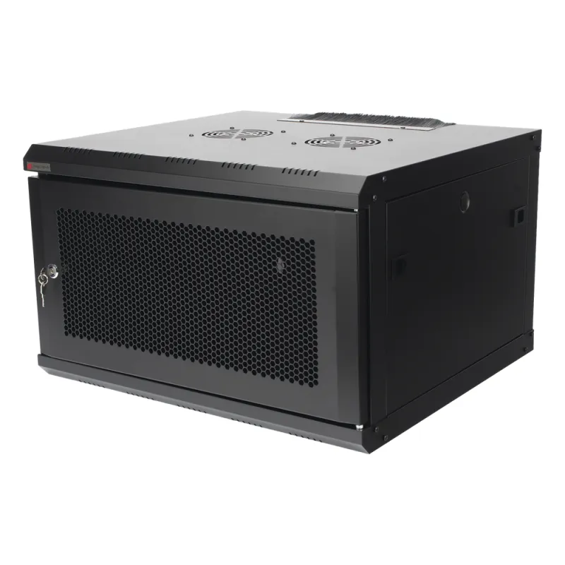 Gabinete de Pared PRECISION 19 in 6UR (455mm) - Puerta Perforada Incluye: 2 Ventiladores y Panel Cepillo
