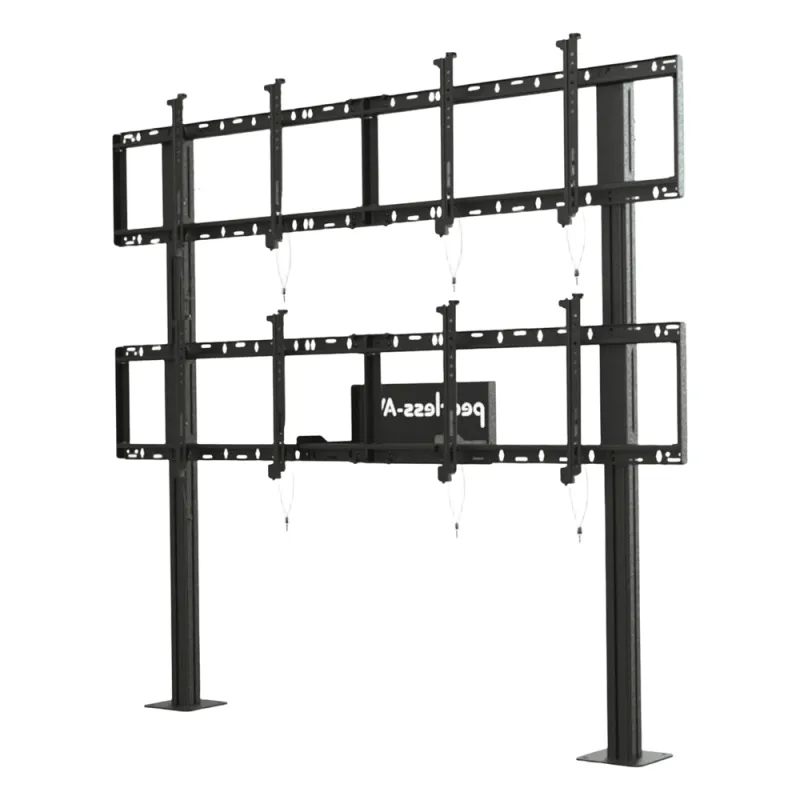 Soporte Modular para Video Wall Pedestal 2x2 / Ajuste Micro Sin Herramientas / 8 Puntos de Alineación / Capacidad 500 lb / VESA 200x200 a 600x400 mm / Estructura Aluminio / Gestión Cableado Integrada / Almacenamiento Multimedia