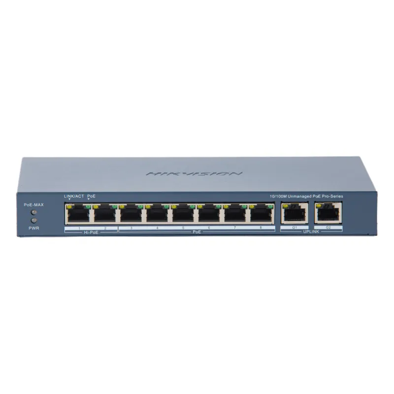Switch PoE+ / No Administrable / 7 Puertos 10/100 Mbps 802.3 af/at (30 W) / 1 Puerto 10/100 Mbps Hi-PoE (90 W) / 2 Puertos 1000 Mbps Uplink / Modo Extendido hasta 300 Metros / 110 Watts