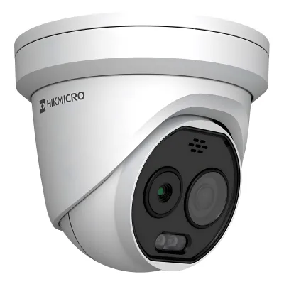 (HIKMICRO) Turret IP Bi-espectral (Térmica + Óptica) / Lente Térmico 2.1 mm (256 X 192) / Lente Óptico 2.2 mm (5 Megapixel) / Detección de Temperatura (-20°C a 650°C) / IA con GUANLAN / Dual Light (30 mts IR + 30