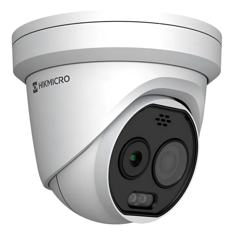 (HIKMICRO) Turret IP Bi-espectral (Térmica + Óptica) / Lente Térmico 2.1 mm (256 X 192) / Lente Óptico 2.2 mm (5 Megapixel) / Detección de Temperatura (-20°C a 650°C) / IA con GUANLAN / Dual Light (30 mts IR + 30