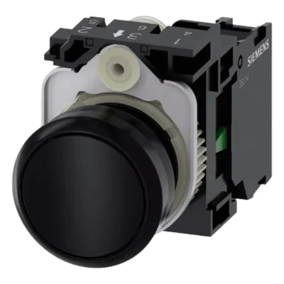 Botón 3SU11000AB101BA0 Sirius 22mm, Color negro, Incluye soporte y contacto Normalmente Abierto.