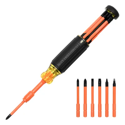 Destornillador Aislado 6-en-1 Auto-Lock / Aislado 1000V CAT III / Almohadilla de agarre / Almacenamiento de brocas integrado / Bits Philips #1 #2 / Slotted 3/16" 1/4" / Square #1 #2
