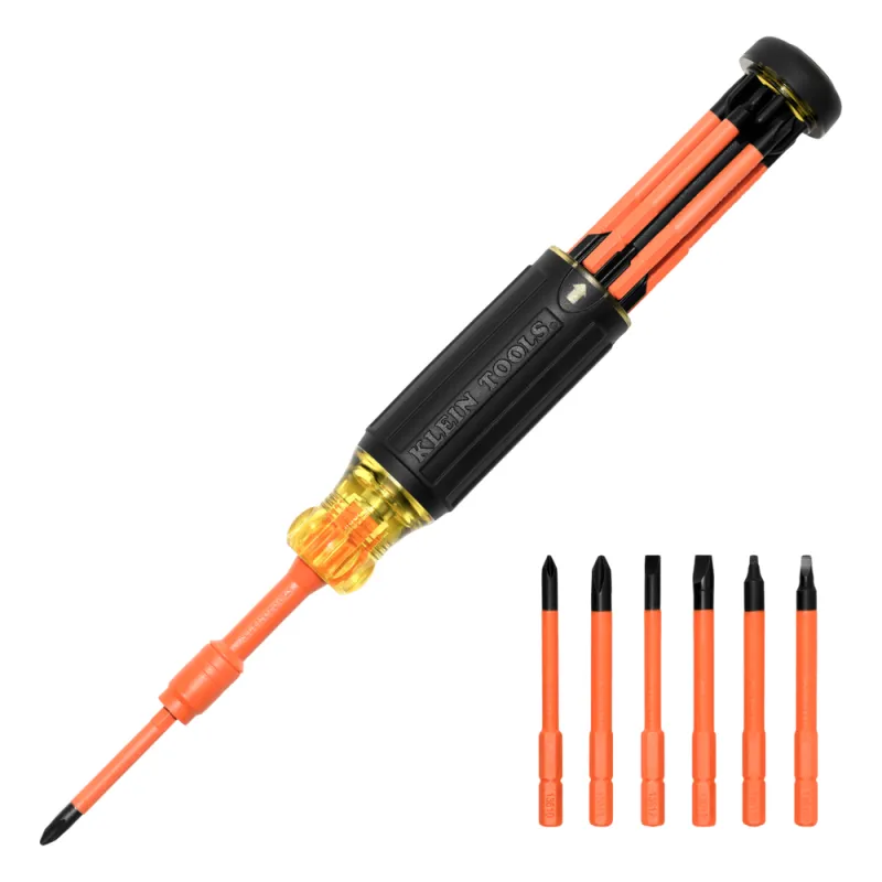 Destornillador Aislado 6-en-1 Auto-Lock / Aislado 1000V CAT III / Almohadilla de agarre / Almacenamiento de brocas integrado / Bits Philips #1 #2 / Slotted 3/16" 1/4" / Square #1 #2
