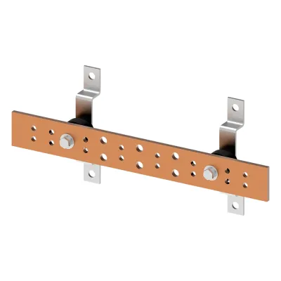 Barra de Tierra para Telecomunicaciones De Cobre Electrochapado / 0.25 x 2.00 x 16.00 pulgadas / 12 Puntos de Conexión / Incluye Soportes y Conectores / Anticorrosivo