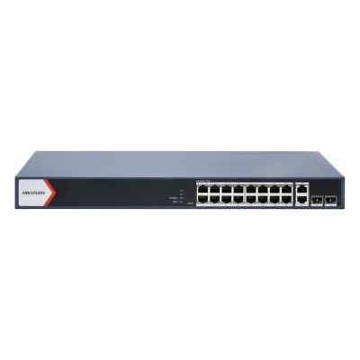 Switch PoE+ / Administrable / 16 puertos 1000 Mbps PoE+ / 2 Puertos 1000 Mbps Uplink / 2 Puertos SFP de Uplink / Configuración Nube Hik-Partner Pro / Modo Extendido hasta 300 metros / 230 W