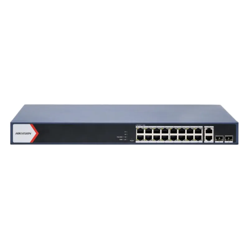Switch PoE+ / Administrable / 16 puertos 1000 Mbps PoE+ / 2 Puertos 1000 Mbps Uplink / 2 Puertos SFP de Uplink / Configuración Nube Hik-Partner Pro / Modo Extendido hasta 300 metros / 230 W
