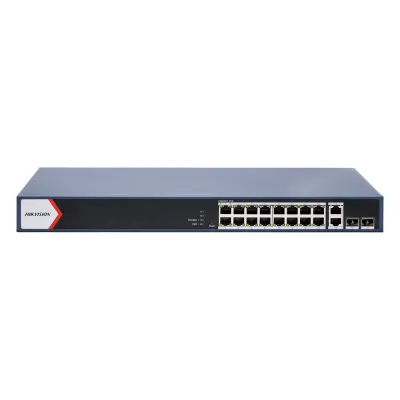 Switch Gigabit PoE+ / Monitoreable / 16 Puertos 1000 Mbps PoE+ / 2 Puerto 1000 Mbps de Uplink / 2 Puerto SFP / Configuración Nube desde Hik-PartnerPro / Modo Extendido hasta 300 Metros / 125 Watts