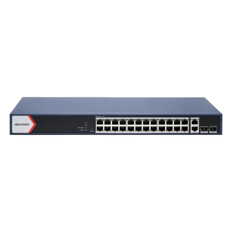 Switch Gigabit PoE+ / Administrable / 24 Puertos 1000 Mbps PoE+ / 2 Puertos 1000 Mbps Uplink / 2 Puertos SFP Uplink / Configuración Nube Hik-Partner Pro / Modo Extendido hasta 300 Metros / 230 W
