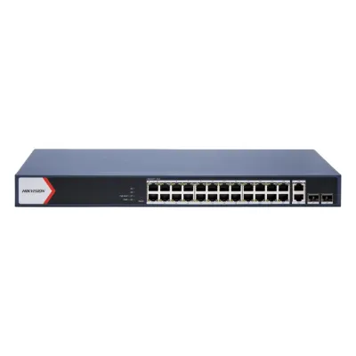 Switch Gigabit PoE+ / Administrable / 24 Puertos 1000 Mbps PoE+ / 2 Puertos 1000 Mbps Uplink / 2 Puertos SFP Uplink / Configuración Nube desde Hik-PartnerPro / Modo Extendido hasta 300 Metros / 370 W