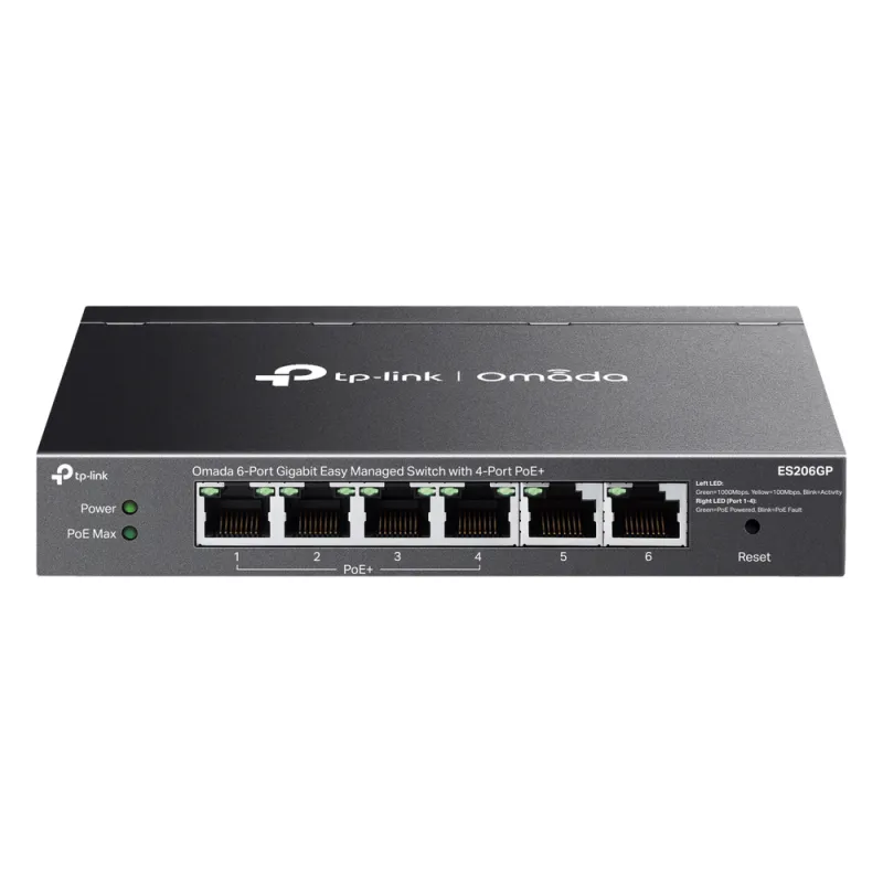 Switch Omada 6 Puertos Gigabit / 4 Puertos PoE+ 65W / Gestión Cloud SDN / Sin Ventiladores / QoS / VLAN / IGMP Snooping / 250 m PoE