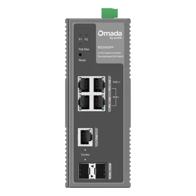 Switch Industrial Easy Managed / 6 Puertos Gigabit (4 PoE) / 120W PoE Budget / IP40 / -40°C a 75°C / 6kV Protección Rayos / Cloud Management Omada / DIN-Rail
