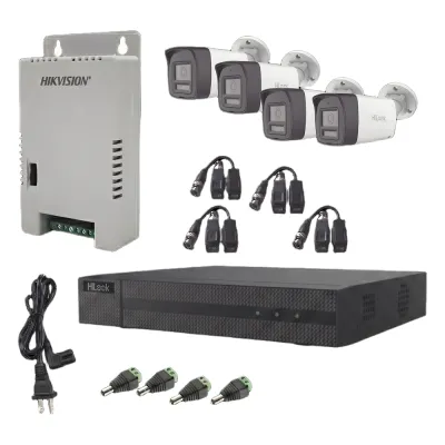 Kit HiLook Audio Bidireccional TurboHD 1080p / DVR Metalico 4 Canales / 4 Cámaras Bala (Exterior) con Bocina y Micrófono Integrado / 1 Fuente de Poder / Accesorios