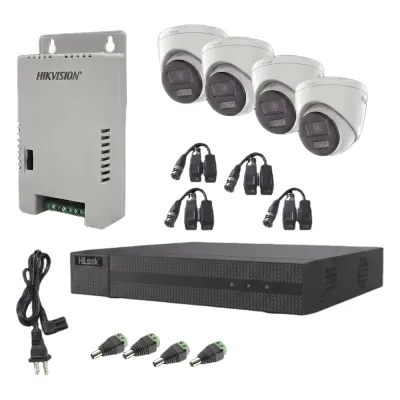 Kit HiLook Audio Bidireccional TurboHD 1080p / DVR Metalico 4 Canales / 4 Cámaras Eyeball (Exterior) con Bocina y Microfóno Integrado / 1 Fuente de Poder / Accesorios