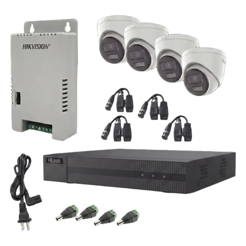 Kit HiLook Audio Bidireccional TurboHD 1080p / DVR Metalico 4 Canales / 4 Cámaras Eyeball (Exterior) con Bocina y Microfóno Integrado / 1 Fuente de Poder / Accesorios