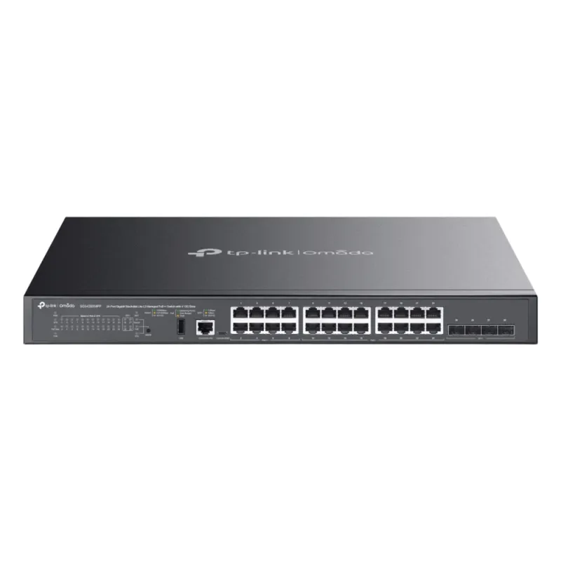 Switch Omada / 24 Puertos Gigabit / 8× PoE++ 90W + 16× PoE+ 30W / Presupuesto PoE 500W / 4× SFP+ 10G / Apilamiento Físico 80 Gbps / Enrutamiento L3 OSPF-RIP-VRRP / ERPS