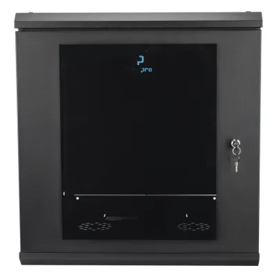 Gabinete Rack de Pared 12 Unidades / 19 Pulgadas / Ventilado / Puerta de Vidrio / Acero Calibre 18 / Carga 100 Kg / 635 x 606 x 612 mm (25 x 23.9 x 24.1 in) / Pintura Electrostática / Negro