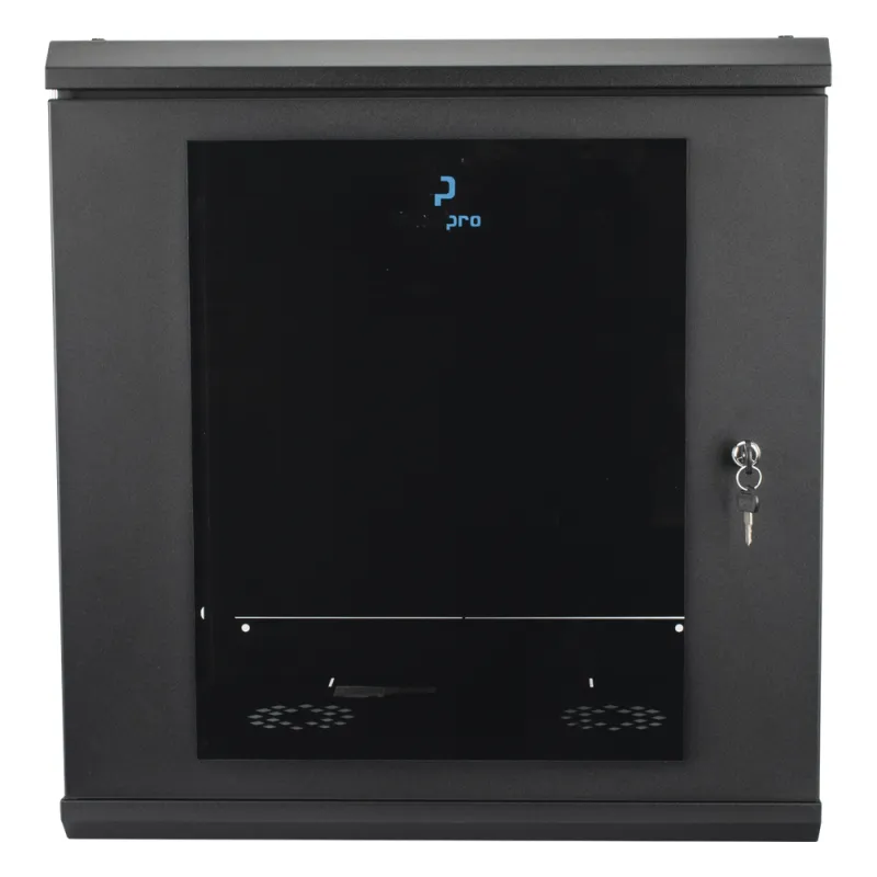 Gabinete Rack de Pared 12 Unidades / 19 Pulgadas / Ventilado / Puerta de Vidrio / Acero Calibre 18 / Carga 100 Kg / 635 x 606 x 612 mm (25 x 23.9 x 24.1 in) / Pintura Electrostática / Negro