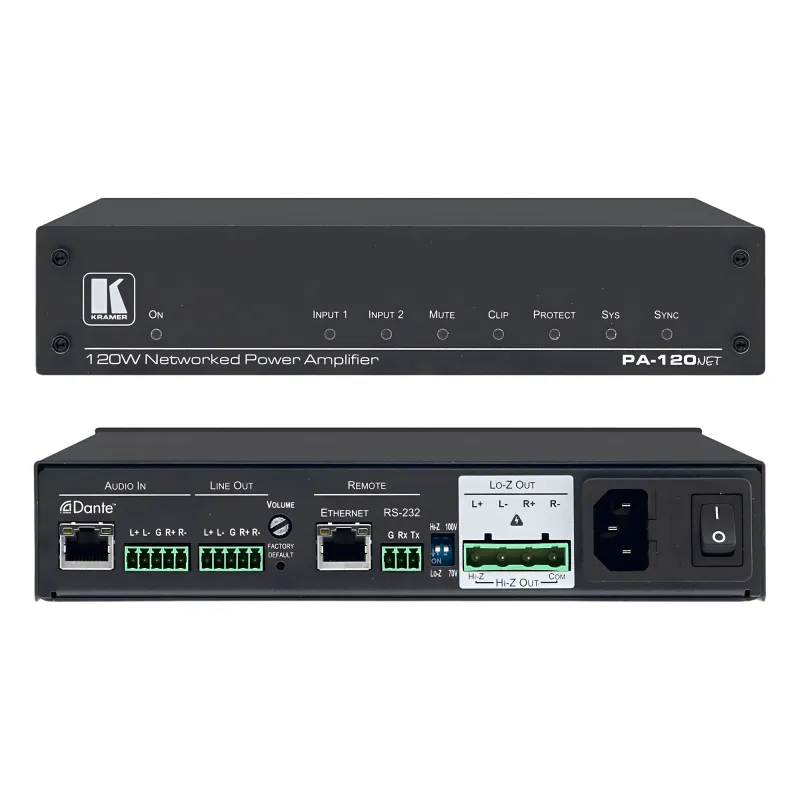 Amplificador de Potencia | 120W | Dante | DSP Integrado | Hi-Z 70V-100V | Lo-Z 4Ω-8Ω | RS-232 | Control IP