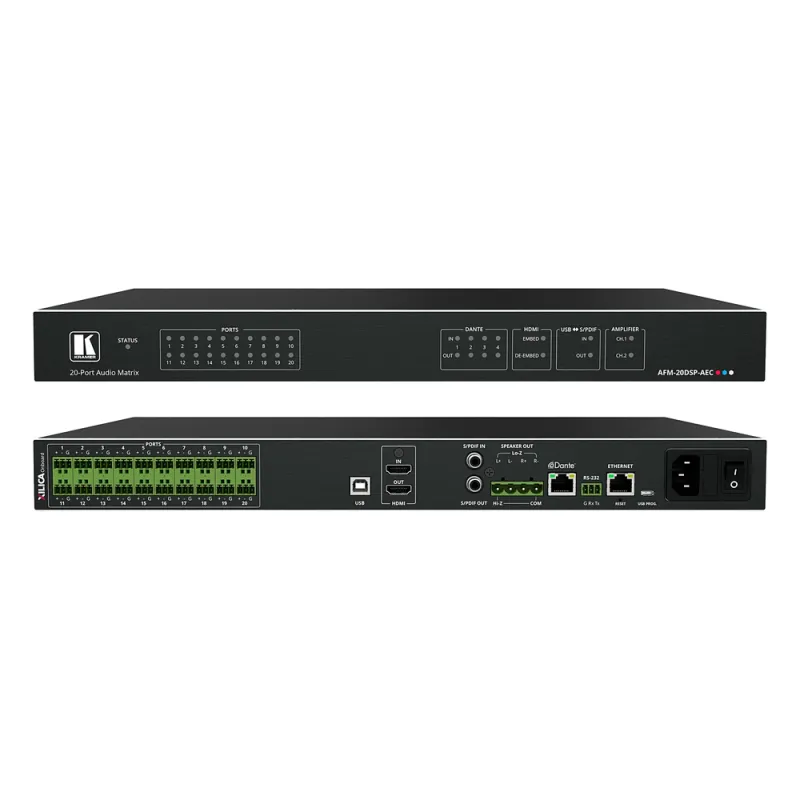 Matriz de Audio Digital | 20 Puertos Analógicos Configurables | DSP Multicanal | AEC | Amplificador 2x60W + 1x120W | Dante 4x4 | HDMI 4K60 | USB Plug & Play | Montaje Rack 1U