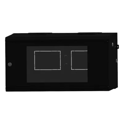 Gabinete Rackeable / 06 Unidades / Pared 19 Pulgadas / Puerta de Cristal / Pintura Electroestática Negro / Abatible 120° / Ventilación 120 mm