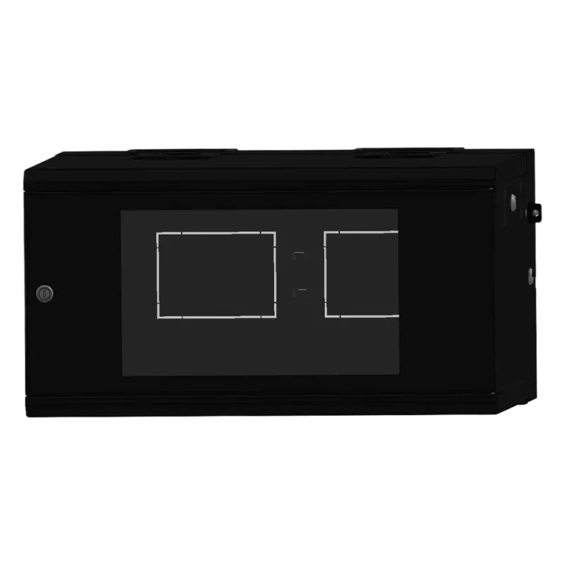 Gabinete Rackeable / 06 Unidades / Pared 19 Pulgadas / Puerta de Cristal / Pintura Electroestática Negro / Abatible 120° / Ventilación 120 mm