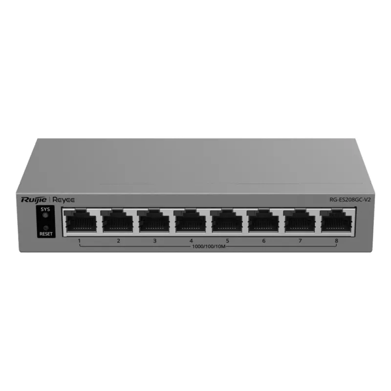 Switch Gigabit Smart Cloud-Managed / 8 Puertos 10/100/1000BASE-T / Capa 2 / Switching 16 Gbps / AI-Powered Failover / Modo CCTV Un-Click / Gestión Cloud Ruijie & App Reyee / Diseño Fanless / Gabinete Metal / Protección Surge 6 kV