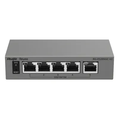 Switch Capa 2 Gestionado en la Nube / 5 Puertos Gigabit / Switching 10 Gbps / Forwarding 7.44 Mpps / Diseño sin Ventilador / Protección 6 kV / Modo CCTV de un Clic / 32 VLANs / Gabinete Metálico / Ruijie Cloud