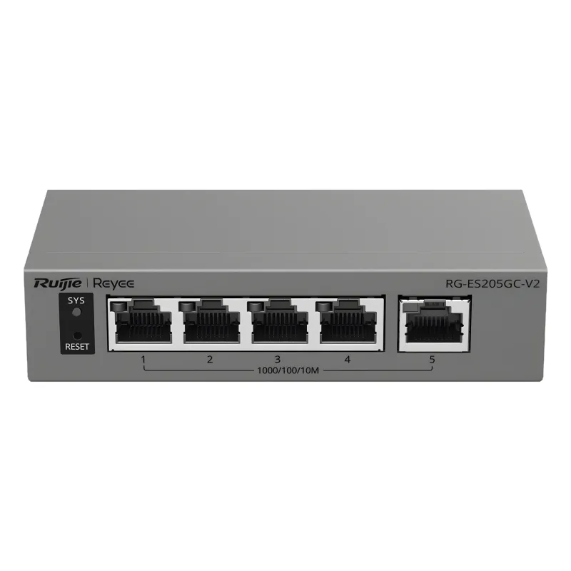 Switch Capa 2 Gestionado en la Nube / 5 Puertos Gigabit / Switching 10 Gbps / Forwarding 7.44 Mpps / Diseño sin Ventilador / Protección 6 kV / Modo CCTV de un Clic / 32 VLANs / Gabinete Metálico / Ruijie Cloud