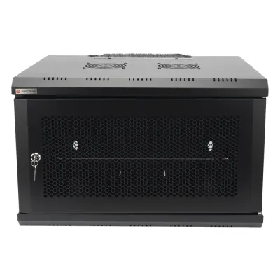 Gabinete de Pared 19 Pulgadas / 6U / 600 x 550 x 368 mm (23.6 x 21.7 x 14.5 in) / Acero SPCC RAL 9004 / Carga Estática 60 kg / IP20 Interior / Ventiladores CA / Panel Cepillo para Cables