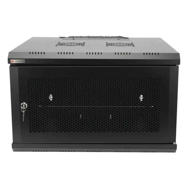 Gabinete de Pared 19 Pulgadas / 6U / 600 x 550 x 368 mm (23.6 x 21.7 x 14.5 in) / Acero SPCC RAL 9004 / Carga Estática 60 kg / IP20 Interior / Ventiladores CA / Panel Cepillo para Cables