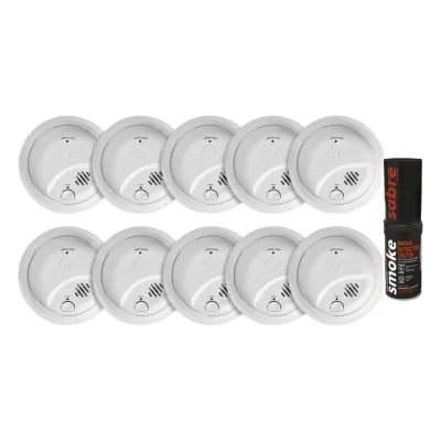 Kit de 10 Detectores de Humo Autónomos FIRST ALERT por Ionización / Alarma 85 dB / Botón Prueba y Silencio / Probador SABRE SDI
