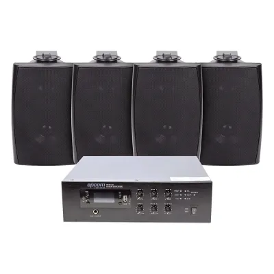 KIT de Amplificador de 240W para Escritorio | 4 Altavoces de Pared color Negro 2.5W - 20W | Sistema 70/100V