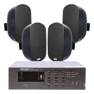 KIT de Amplificador de 240W para Escritorio | 4 Altavoces de Pared color Negro 3W - 50W | Sistema 70/100V