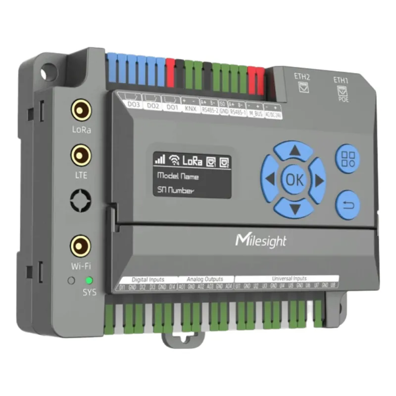 Gateway IoT LoRaWAN para Automatización de Edificios / Quad-Core 1.5 GHz / 8 Canales LoRaWAN / 2,000 Dispositivos / Edge Computing / 4G LTE / KNX + BACnet + Modbus / RS485 + M-Bus
